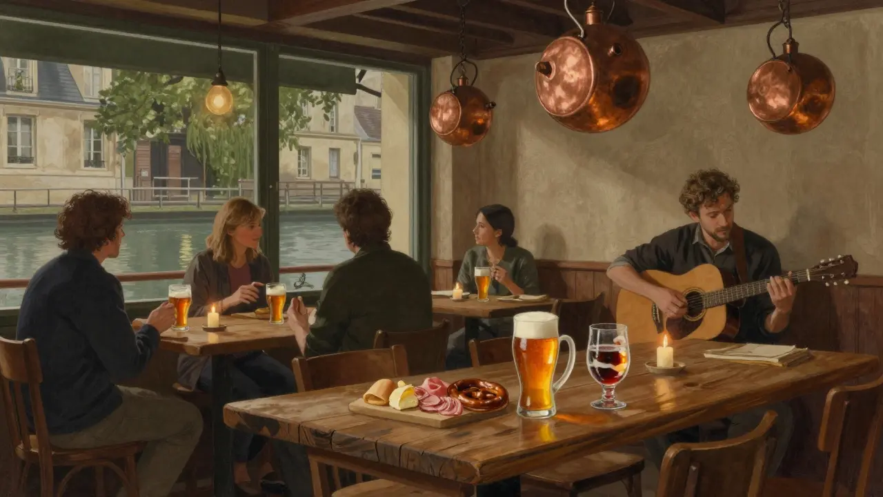 Rustic Brasserie des Frères with copper brew kettles, wooden tables, and patrons sipping ale beside charcuterie boards.