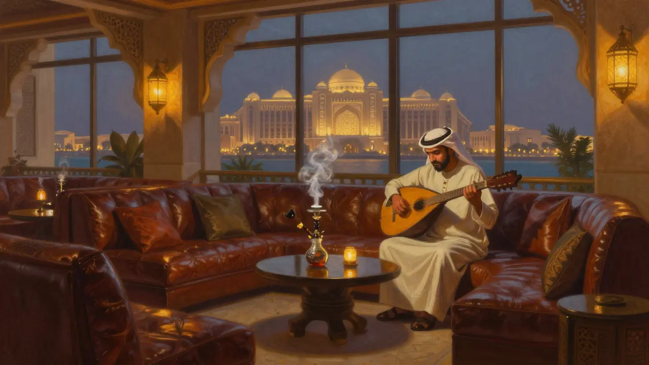 Serene Arabic lounge with oud player, shisha, and warm lantern light at Emirates Palace.