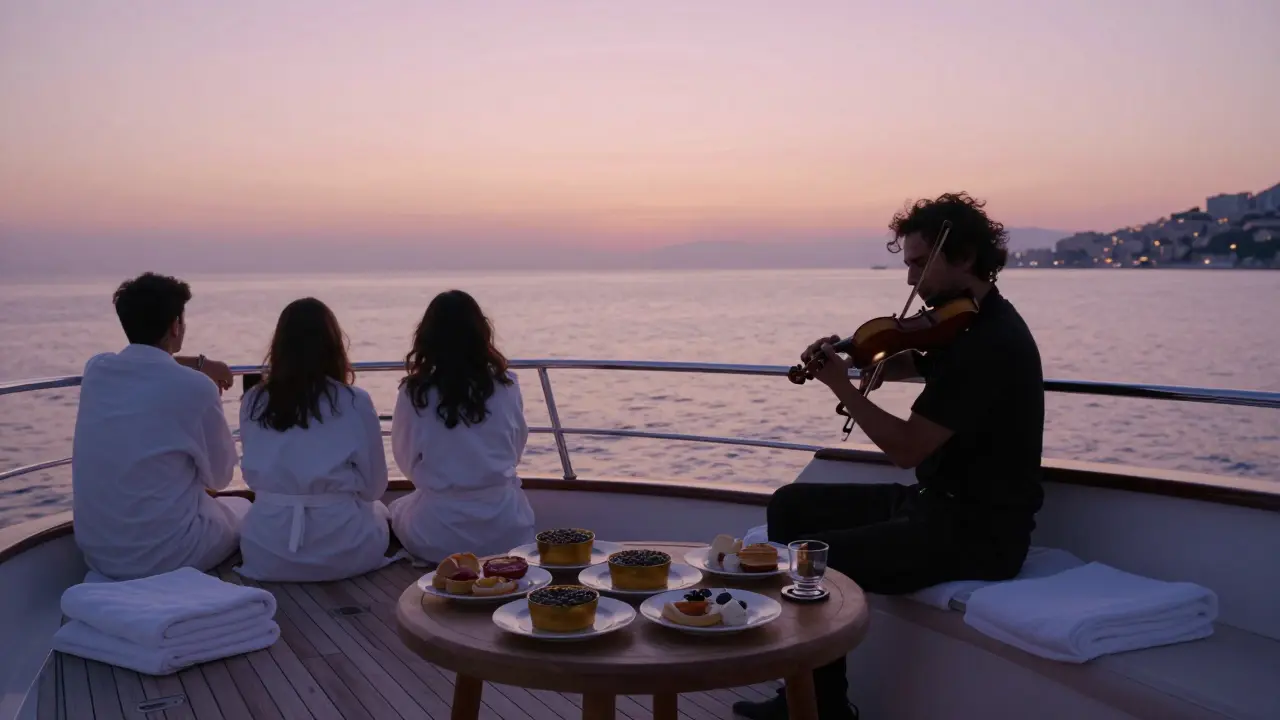 Silhouettes on a private yacht at dawn, enjoying breakfast as the sun rises over the Mediterranean.