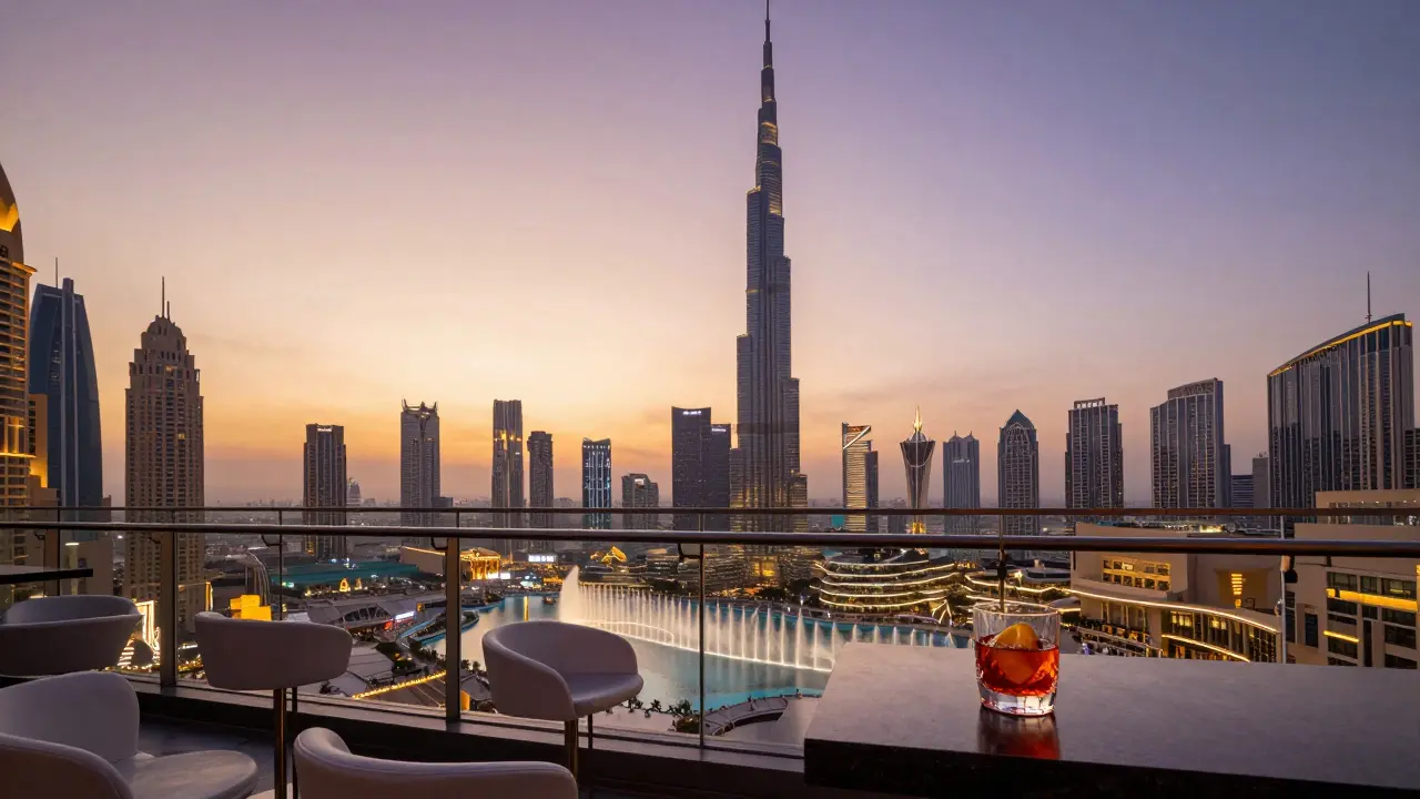 Skyview bar at sunset with Burj Khalifa glowing in twilight, minimalist bar stools facing panoramic city view.
