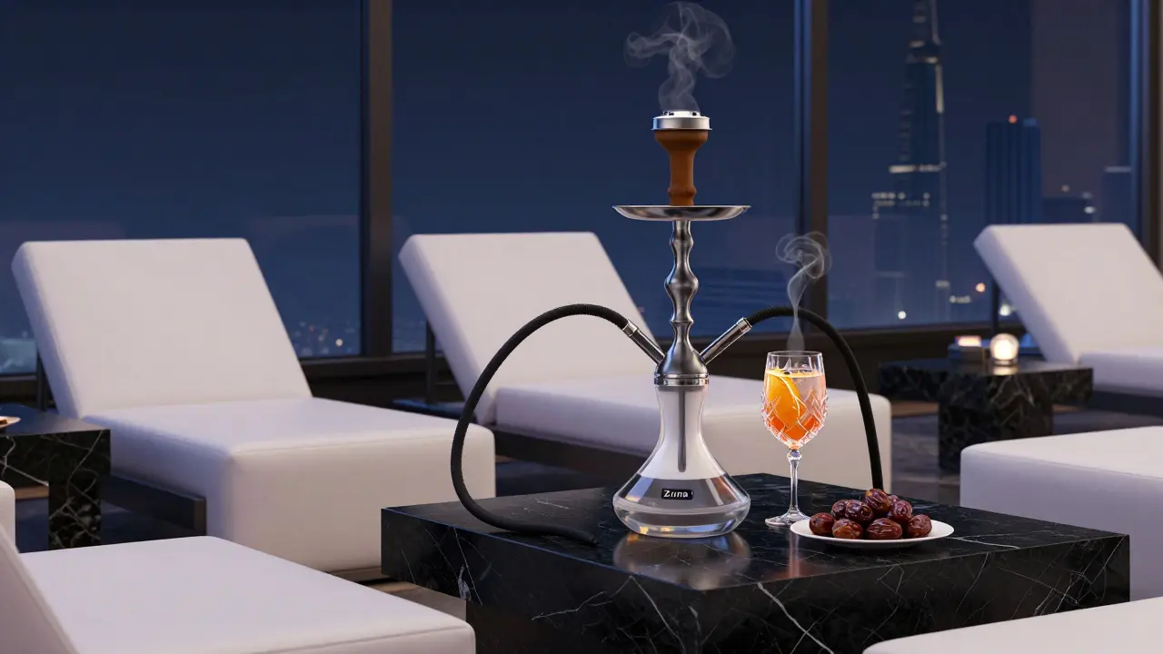 Sleek modern shisha lounge with minimalist design, premium hookah, and a refreshing mocktail under soft ambient lighting.