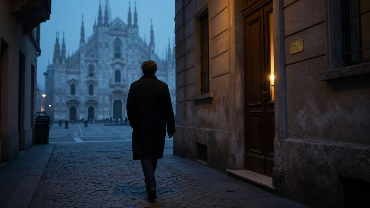 Solitary figure walking down a misty Milan alley toward a hidden wellness entrance.
