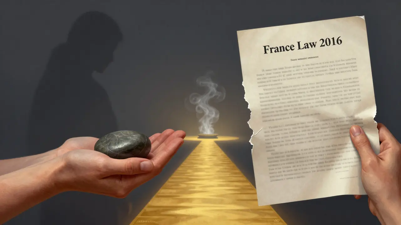 Symbolic image of healing hands versus illegal activity, with a path leading to a peaceful hammam amid fading shadows of exploitation.