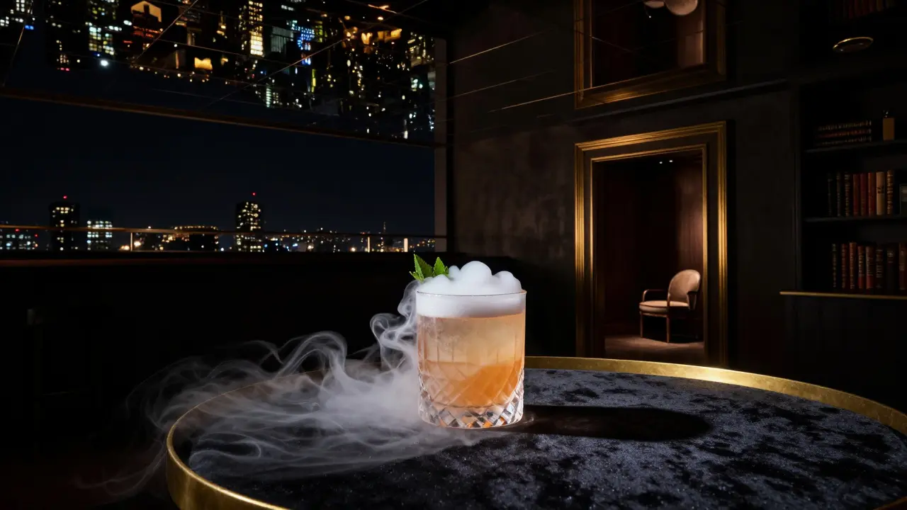The Penthouse bar with mirrored ceiling reflecting Dubai’s skyline and a smoky cocktail on velvet table.