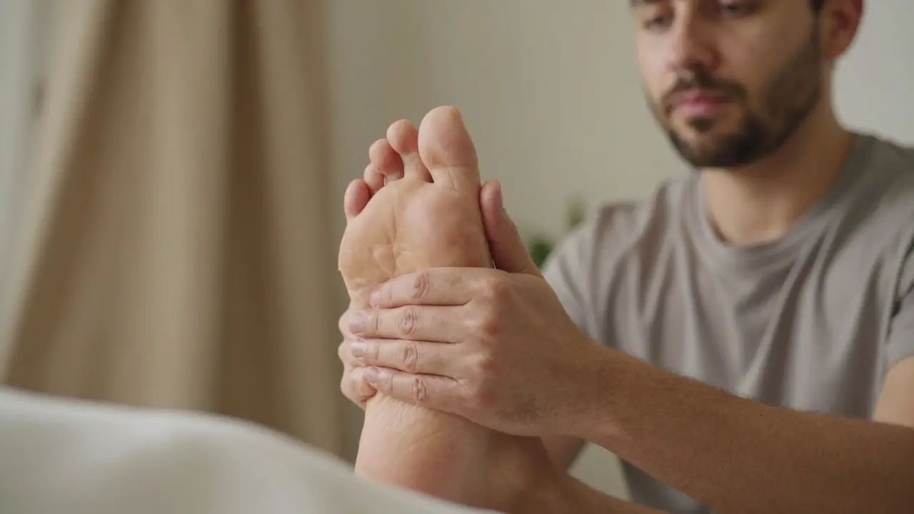 Therapist's hands gently holding a client's foot during a sensual massage, emphasizing consent and presence.