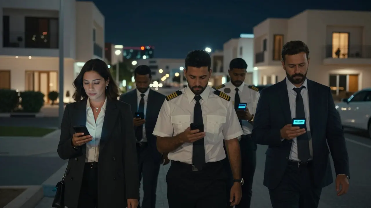 Three individuals walking alone at night in Dubai, each holding a phone showing a verified wellness app, surrounded by discreet villas.