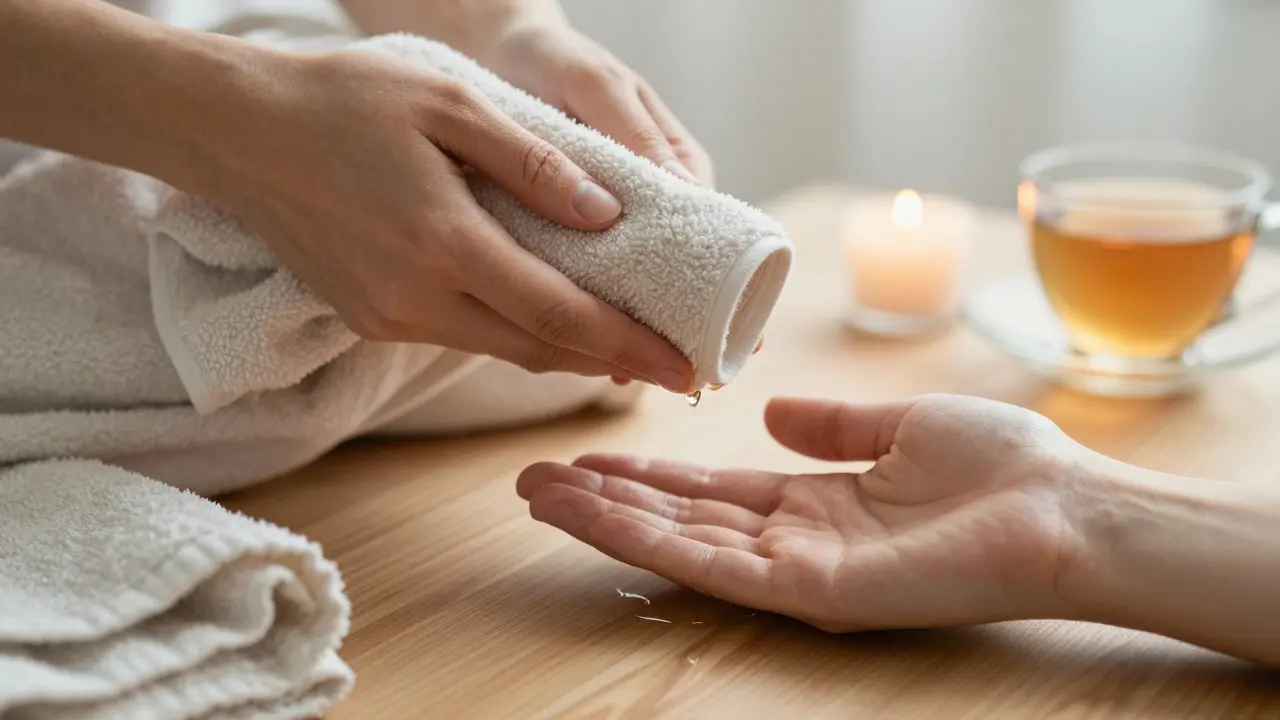 Two hands holding a warm towel and resting on wood, with a single water droplet falling, symbolizing calm and safety.