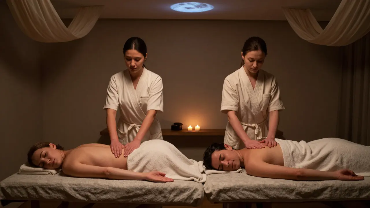 Two people receiving synchronized sensual massage under candlelight, hands gently touching across a shared table.