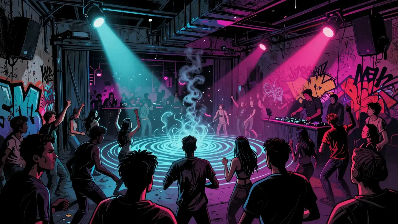 Underground club scene with pulsing lights and energetic dancers in a warehouse setting, bass vibrations visible in the air.
