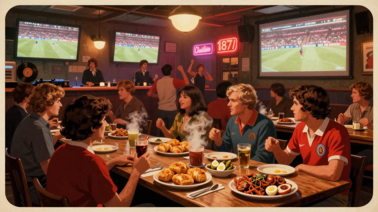 Vibrant sports bar with multiple screens showing football, guests eating match-day food and dancing to a live DJ.