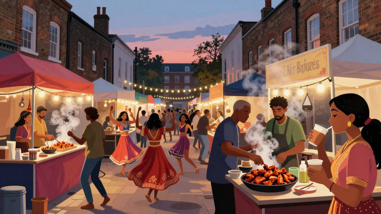 Vibrant street food festival in Brick Lane with dancing, food stalls, and twilight ambiance.