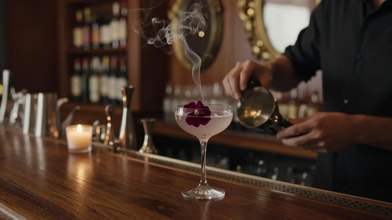A beautifully crafted cocktail with an edible flower on a wooden bar counter, softly lit and serene.