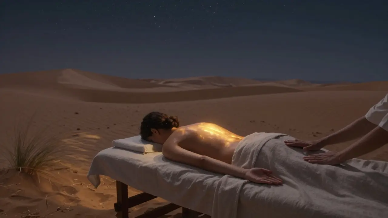 A desert spa under a starlit sky, with gentle hands massaging a reclining guest amid dunes and silence.