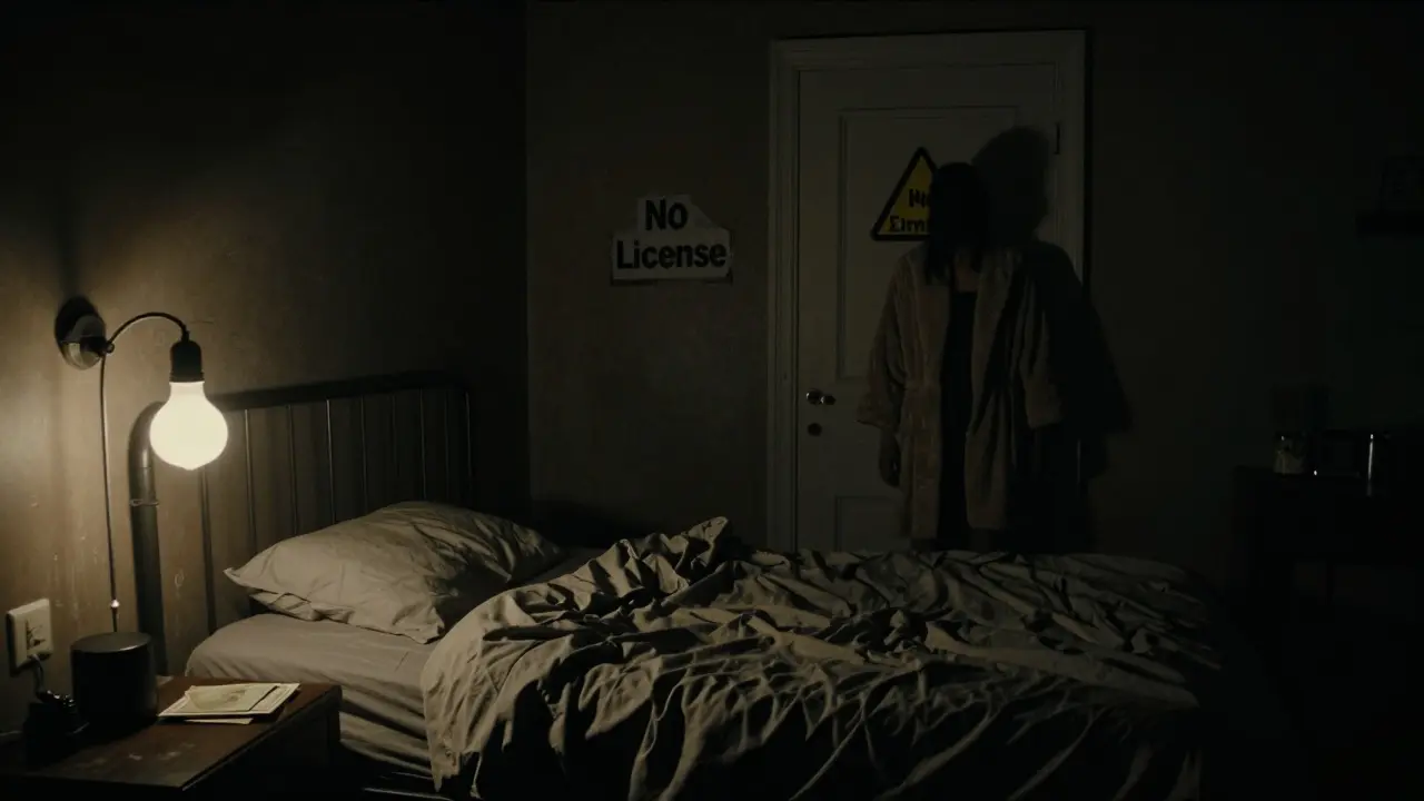 A dim, secretive backroom in an unlicensed Berlin establishment with signs of illegal activity.