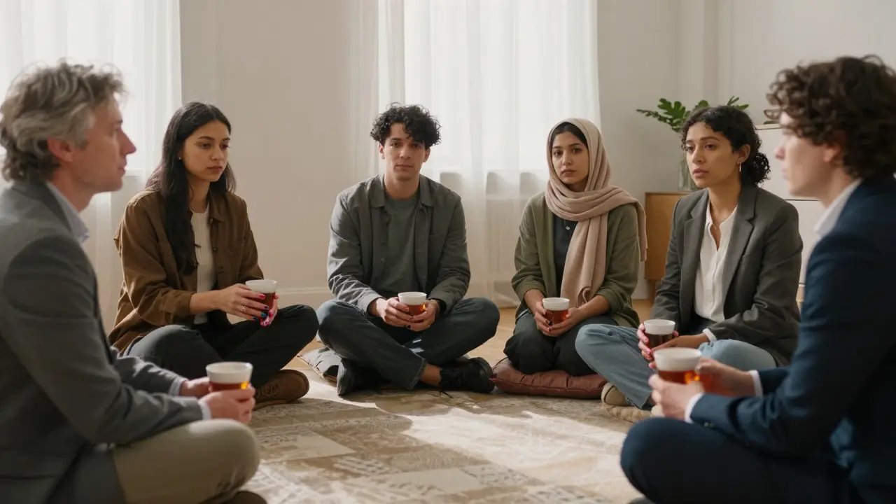 A diverse group of Londoners sit quietly together in a calm room, each holding tea, sharing a moment of emotional connection.