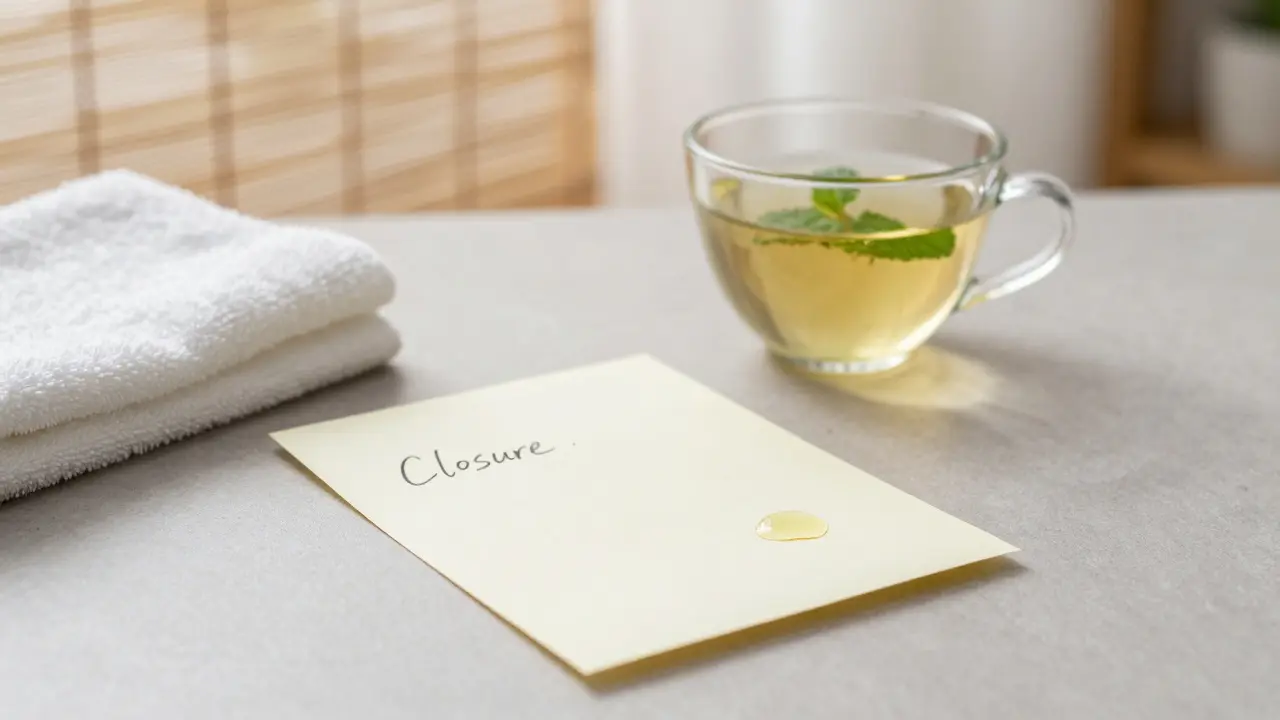 A handwritten note and mint tea beside a folded towel, symbolizing peaceful closure after a session.