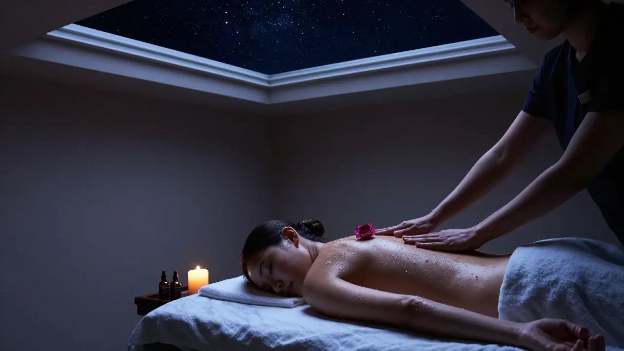 A massage table beneath an open night sky, with oil-glowing skin and still hands in a serene, candlelit room.