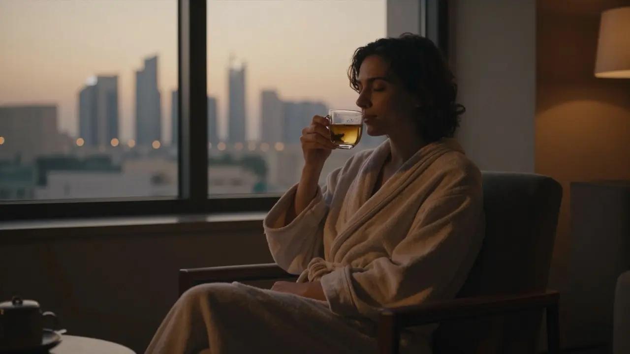 A person relaxing in a robe after a session, sipping tea as the Abu Dhabi sunset glows outside.