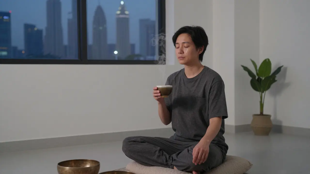 A person sitting quietly after a session, holding tea, eyes closed, with Dubai's skyline visible in the distance.