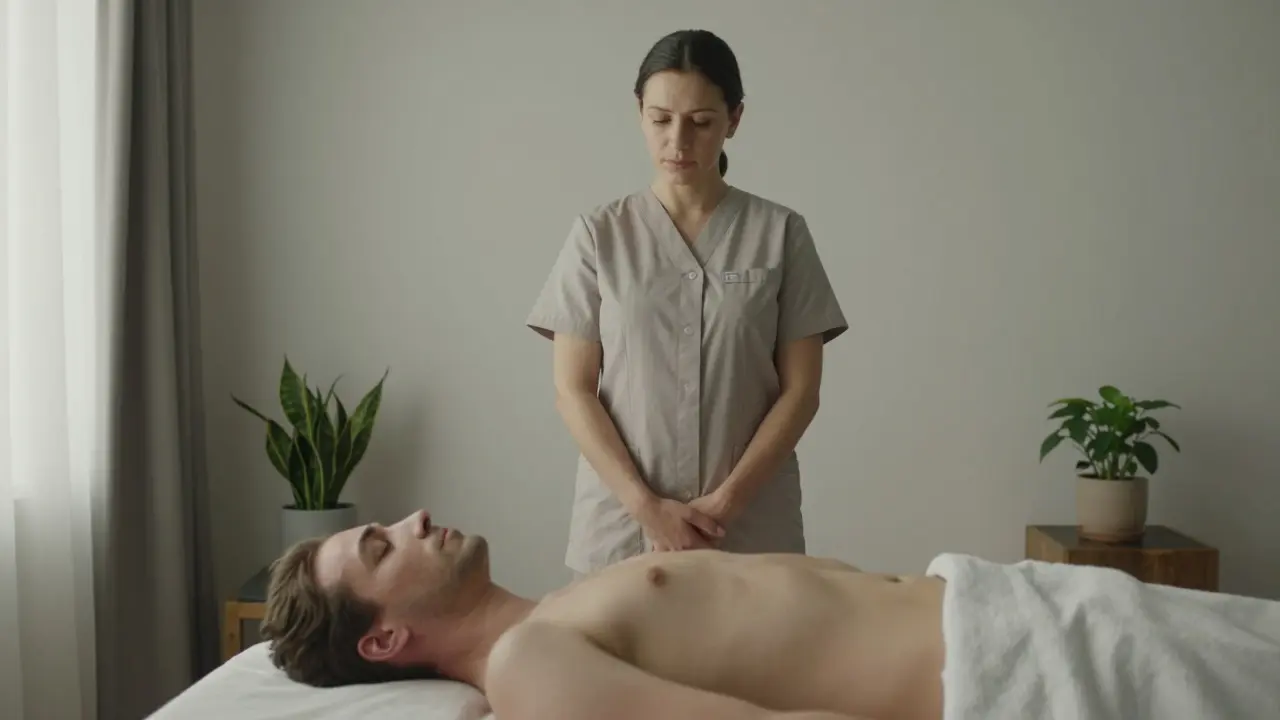 A professional therapist standing respectfully near a client during a sensual massage session, emphasizing safety and presence in a minimalist room.