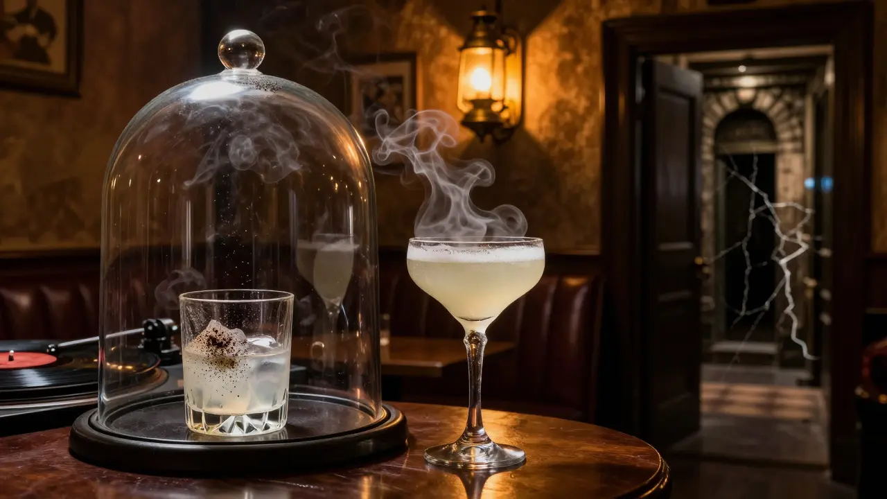 A smoky 1920s jazz bar with a cocktail under a lifting glass dome, brass lamps, and a hidden alley entrance.