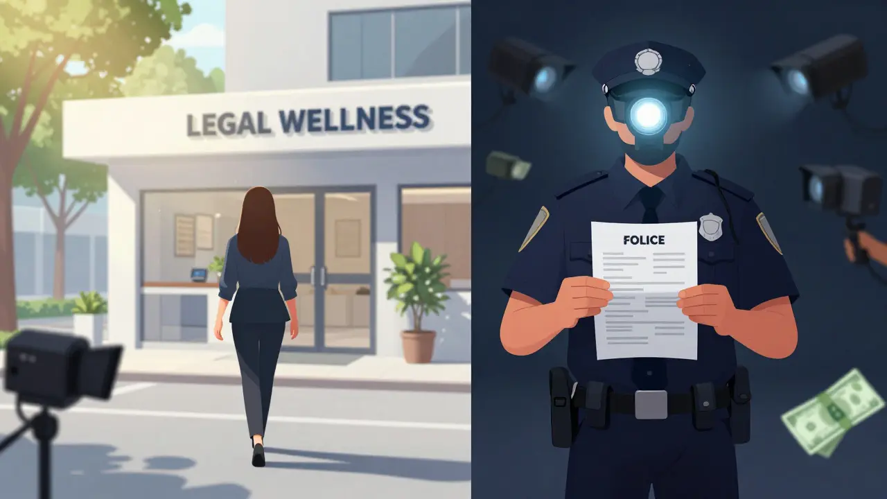 A split visual showing the contrast between safe legal wellness and the consequences of illegal services in London.