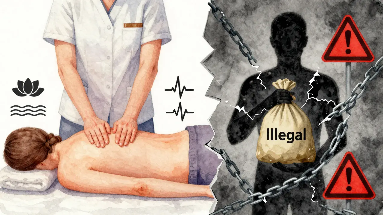 A watercolor split image contrasting ethical healing with illegal exploitation in Berlin.