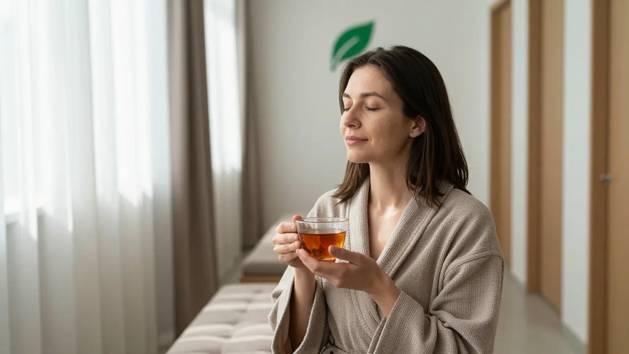 A woman sitting peacefully in a studio hallway after a massage, holding tea, with a certified green leaf logo on the wall.