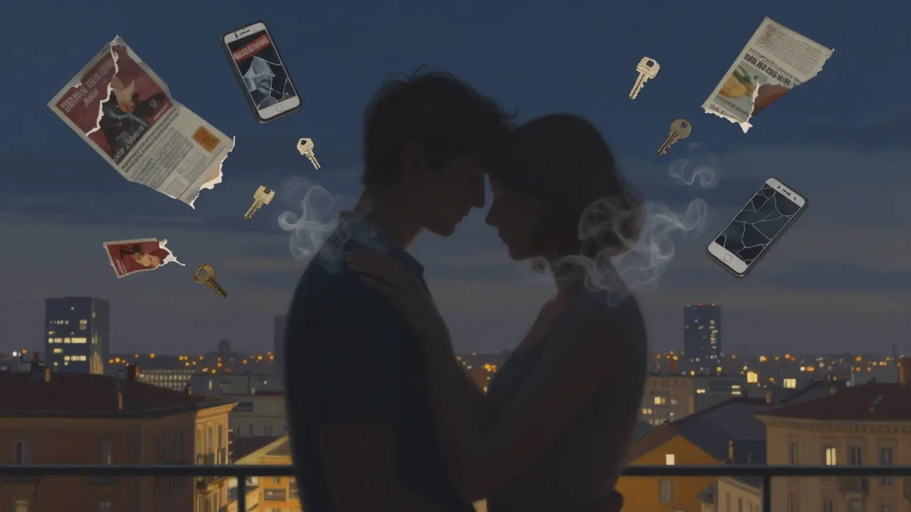Abstract silhouettes in quiet connection, surrounded by dissolving ads and phone screens against a twilight cityscape.