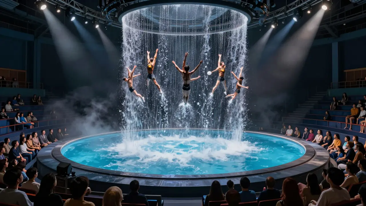 Acrobats leaping into a circular water pool at La Perle, surrounded by dramatic lighting and mist.