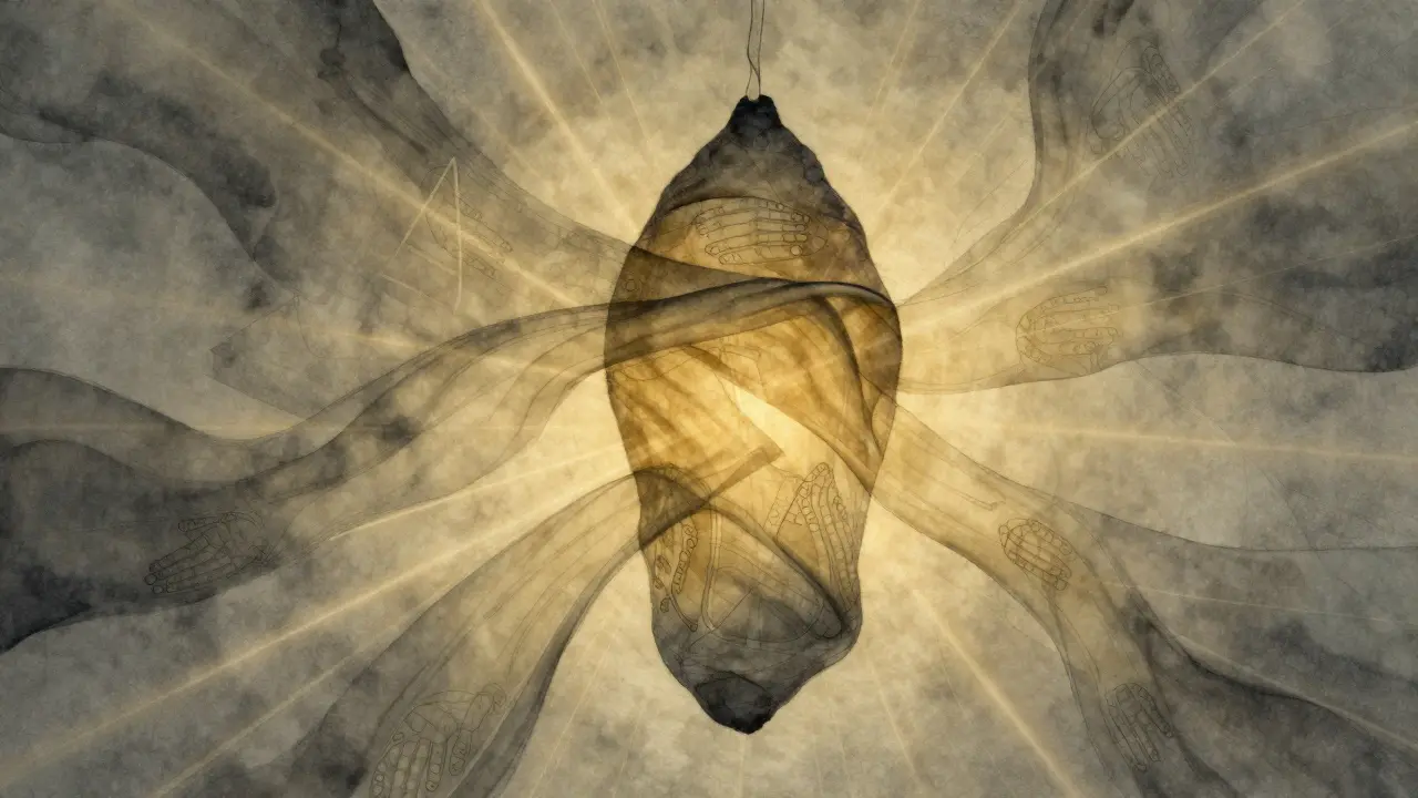 An abstract silhouette of a person emerging from a glowing cocoon, symbolizing emotional and sensory rebirth through therapeutic touch.