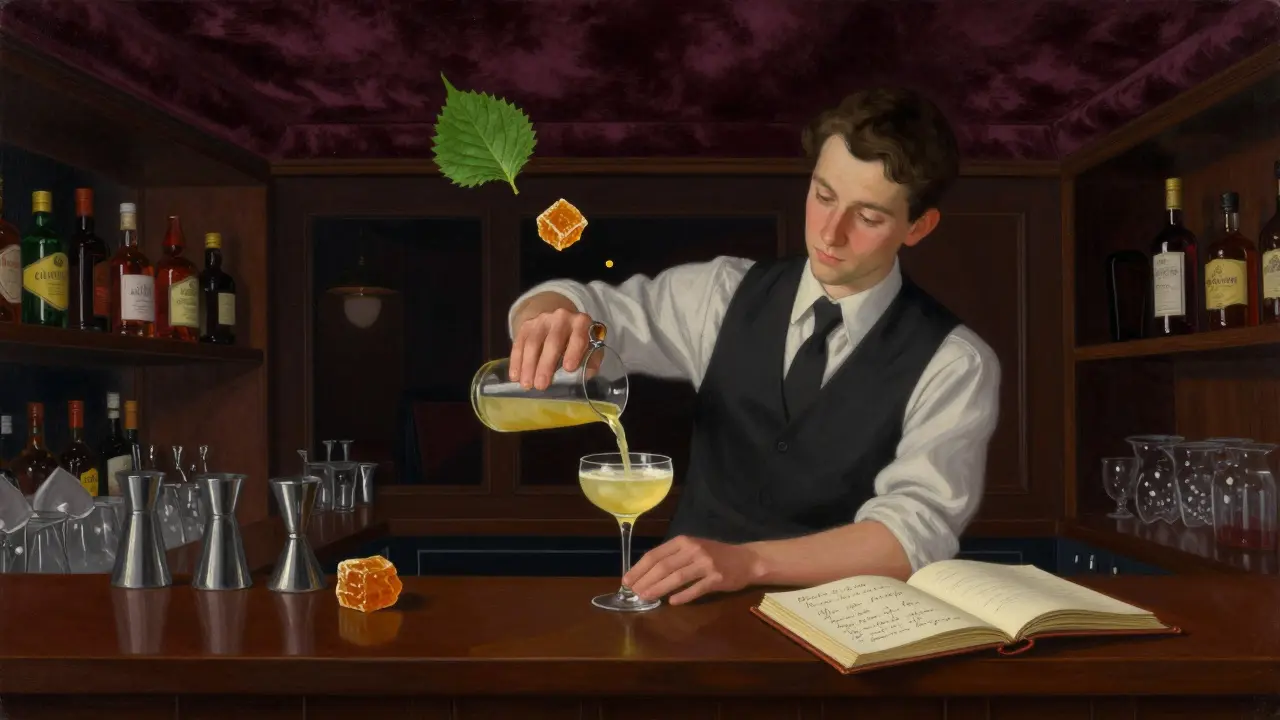 An elegant bar with velvet ceilings and a bartender pouring a citrus-infused cocktail, ingredients floating in soft light.