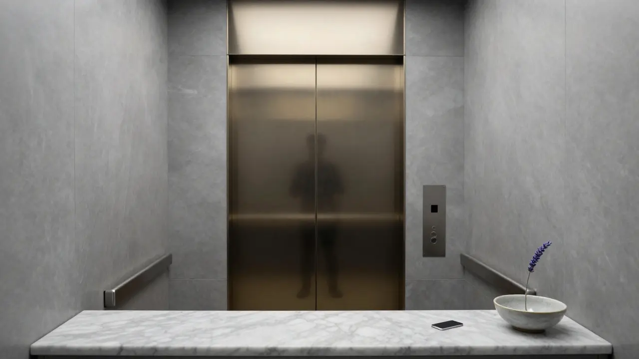 An empty luxury elevator reflecting a solitary figure, with lavender on a marble counter.