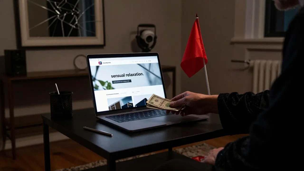 An illegal massage operation in a residential flat, with cash exchange and hidden surveillance, conveying danger and deception.