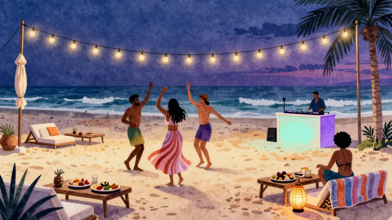 Beachside party at sunset with people dancing barefoot on sand, string lights and waves in background.
