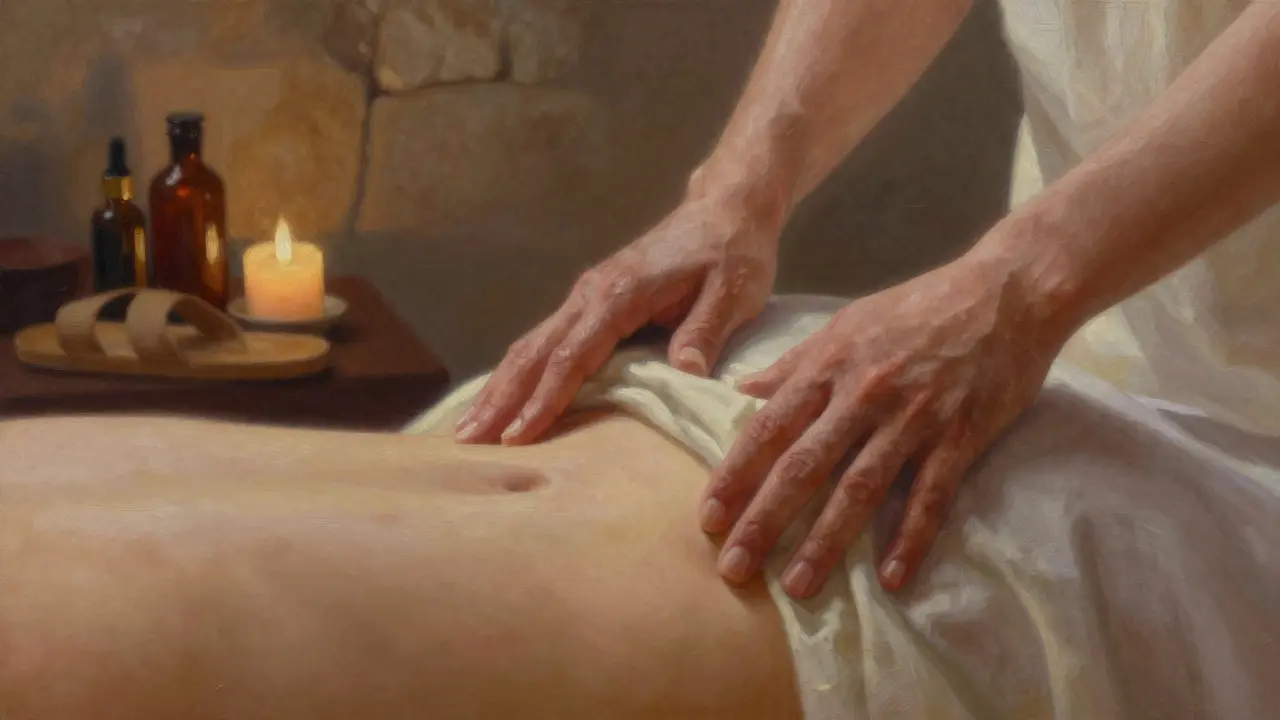 Close-up of hands slowly tracing a draped hip with oil, in a calm, sacred spa setting.