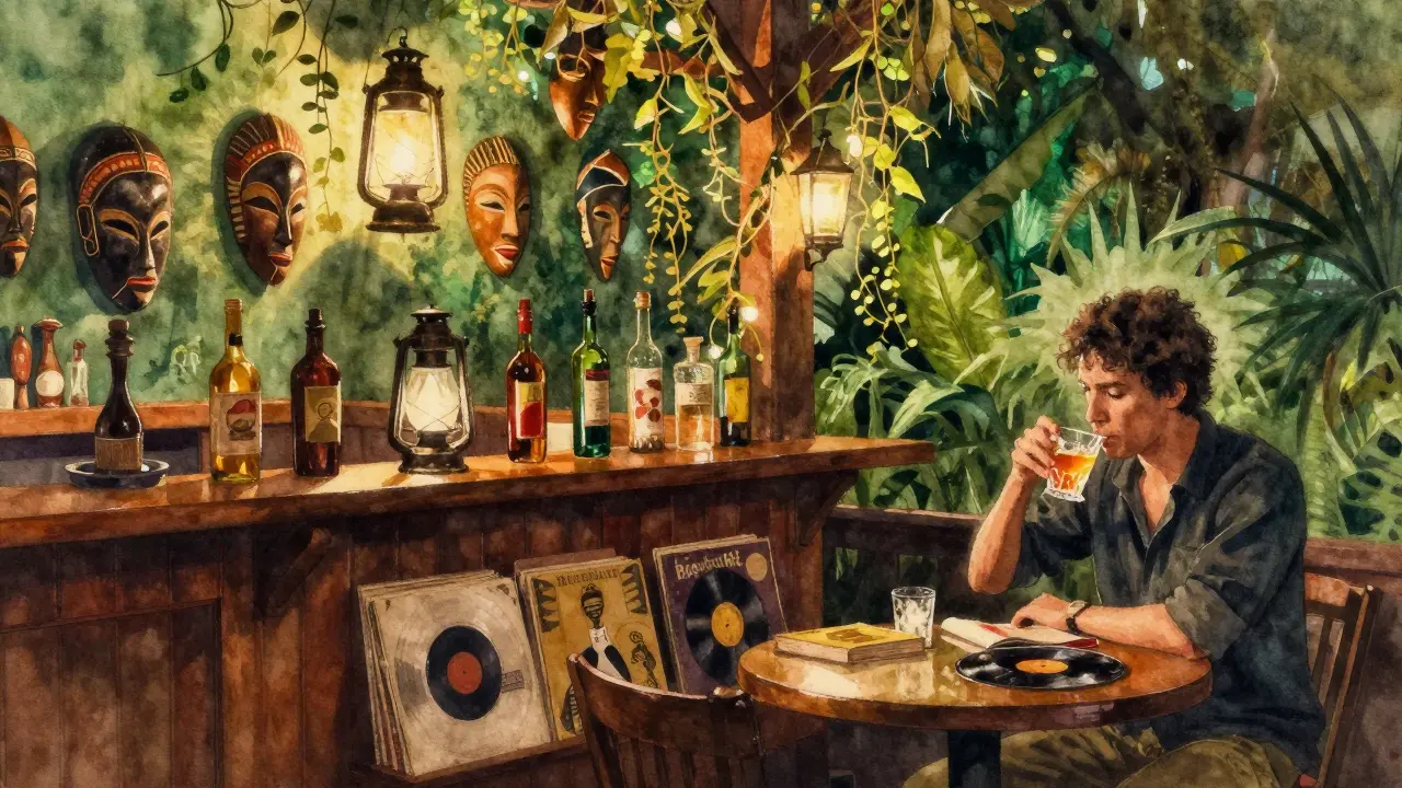 Cozy jungle bar with vintage decor, plants, and a lone patron enjoying a drink in dim light.