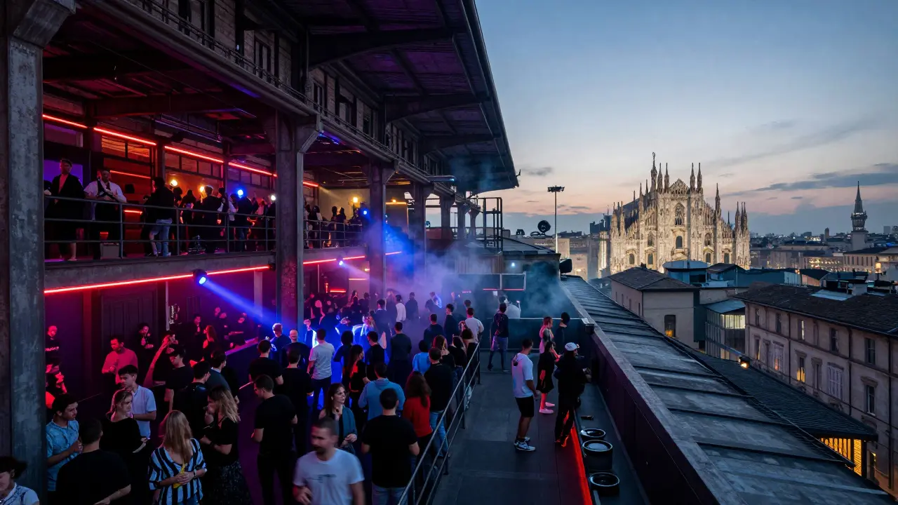 Crowd dancing inside Magazzini Generali nightclub with city skyline visible on the rooftop, industrial lighting and vibrant energy.