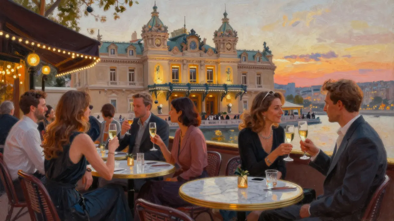 Crowd enjoying sparkling drinks at an outdoor café under string lights, casino glowing in the background.
