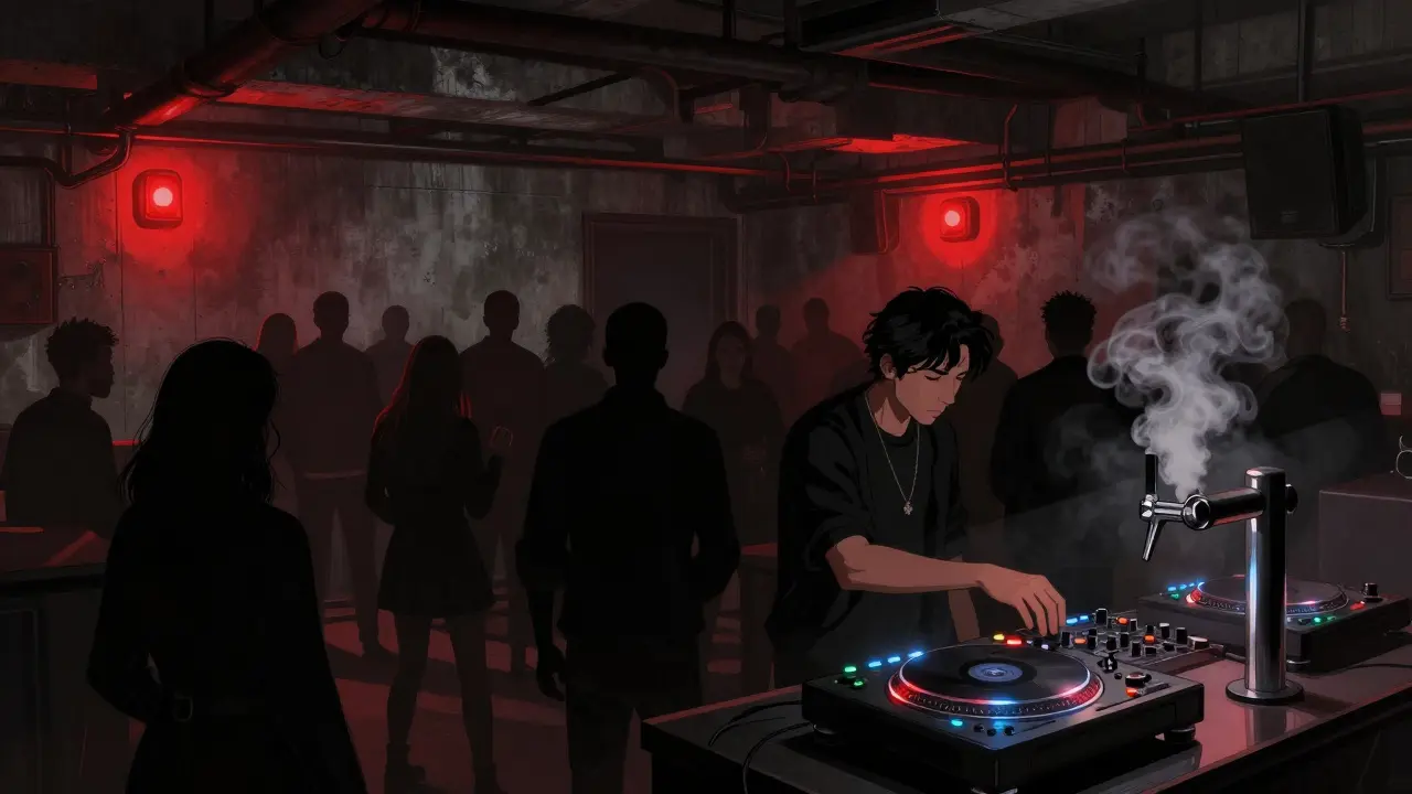 Crowd moving to bass-heavy music in La Baita's industrial underground club, dim red lights and concrete walls.