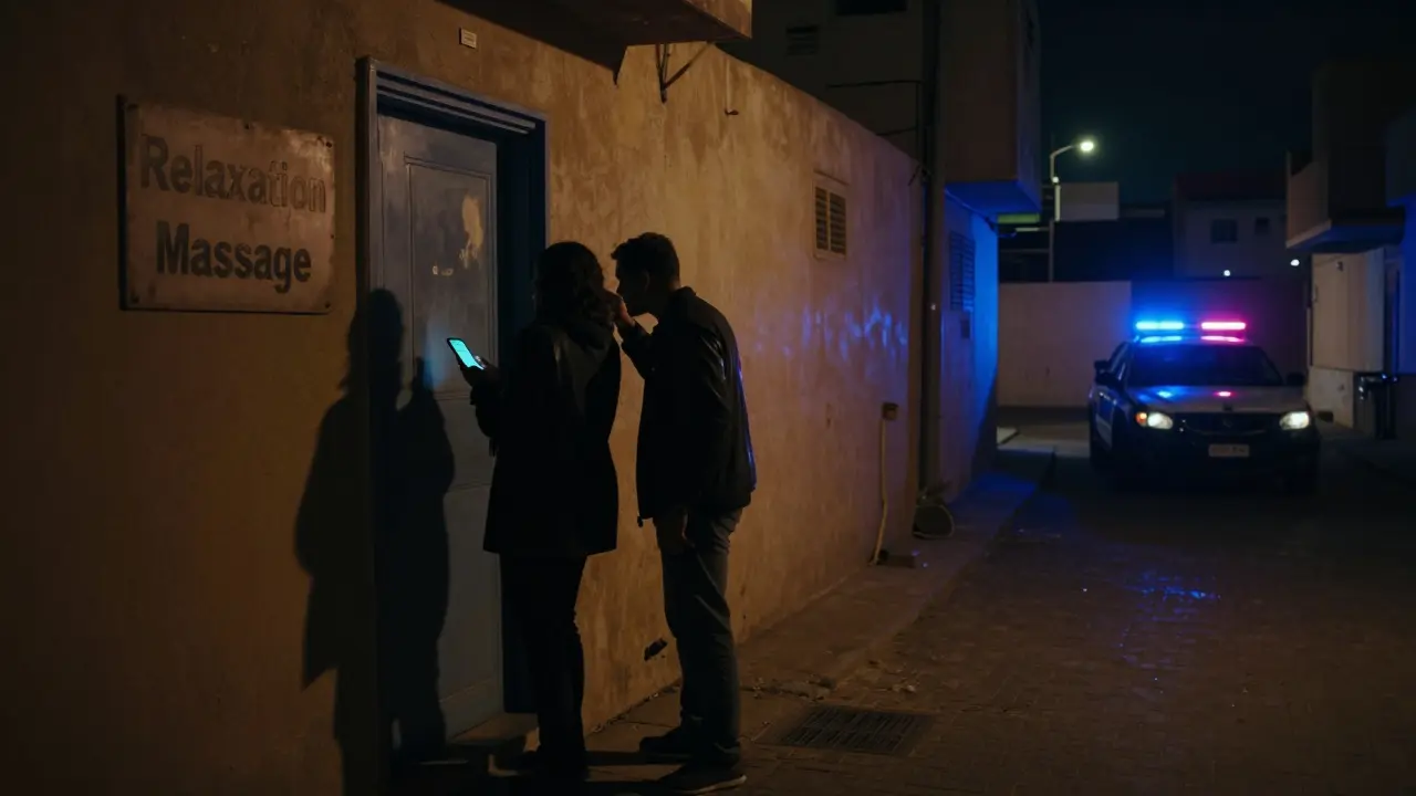 Dark alleyway with a suspicious massage sign as police car approaches, hinting at illegal activity.