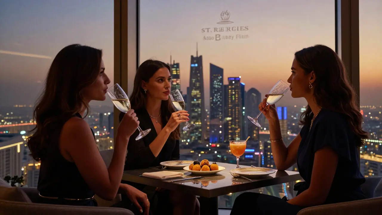 Elegant women enjoying sunset cocktails with Abu Dhabi skyline in the background.