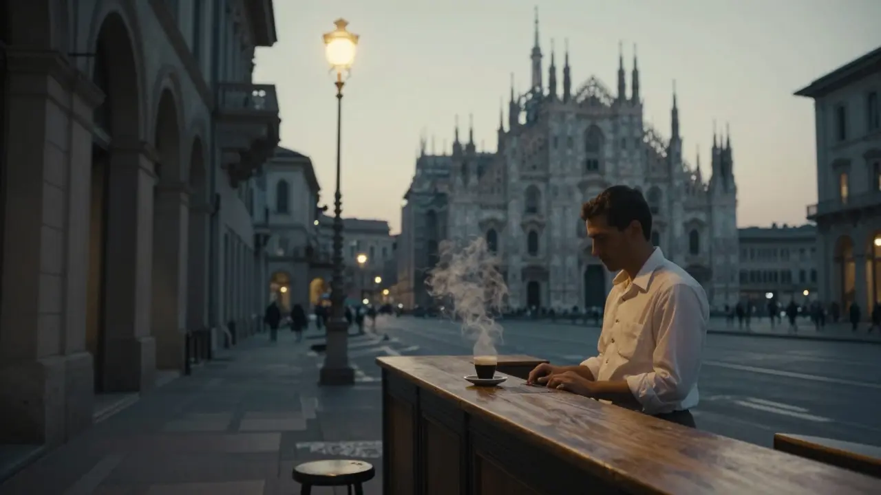 Empty café at dawn with steam rising from an espresso cup, Duomo visible in the distance, quiet morning light.