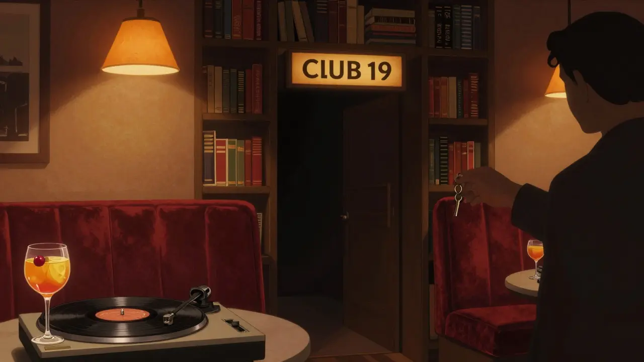 Hidden nightclub behind a bookshelf with velvet booths and vinyl records, warm dim lighting.