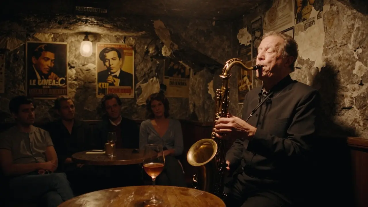 Intimate jazz bar with an elderly saxophonist playing under a single spotlight.