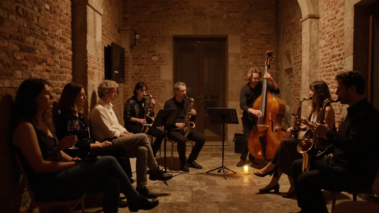 Intimate jazz performance in a candlelit hidden venue in Milan, patrons listening quietly in the dim, atmospheric space.