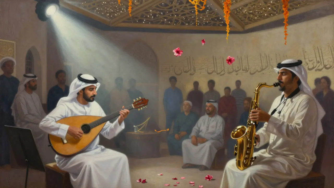 Live jazz performance blending oud and saxophone under starlit ceiling, cultural fusion atmosphere.