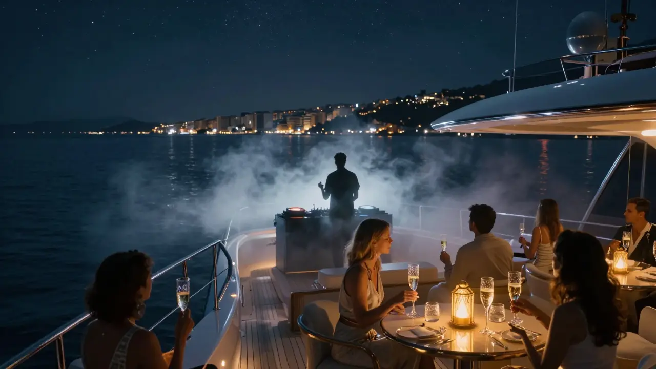 Luxury yacht cruising at night with guests enjoying champagne under starry skies.