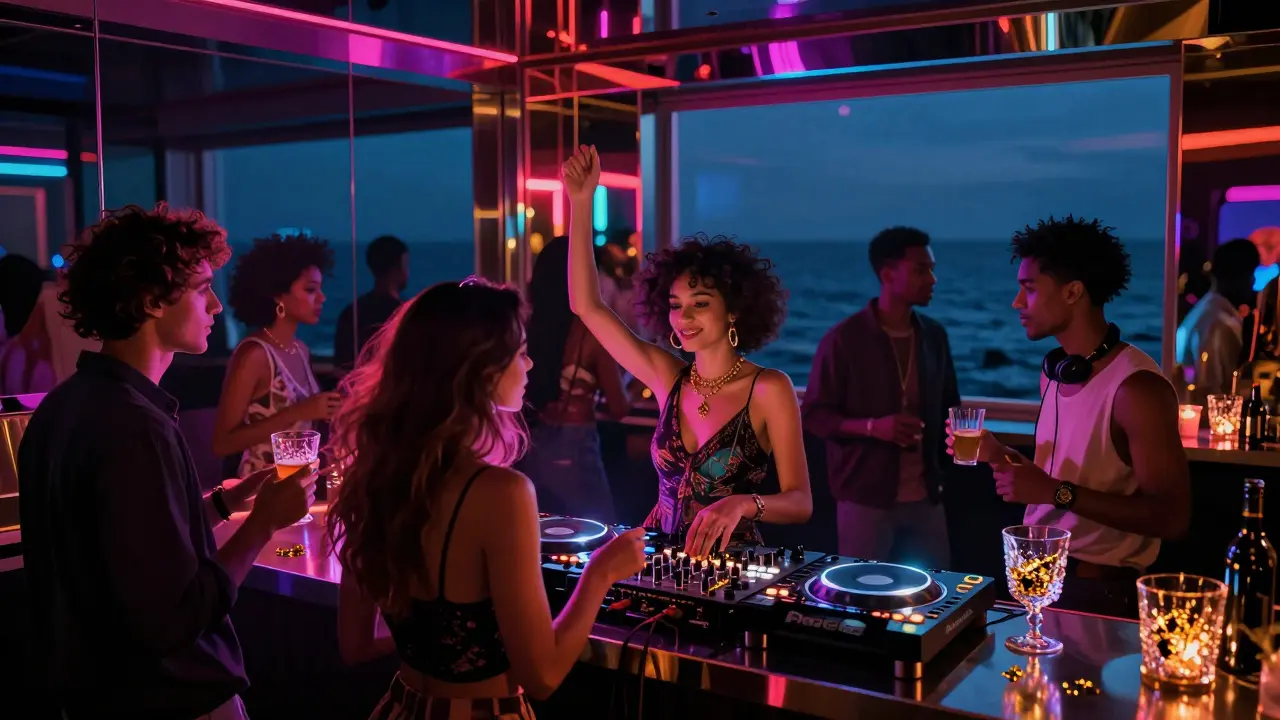 Neon-lit dance floor with mirrored walls and fashionable crowd dancing to music at a high-end club.