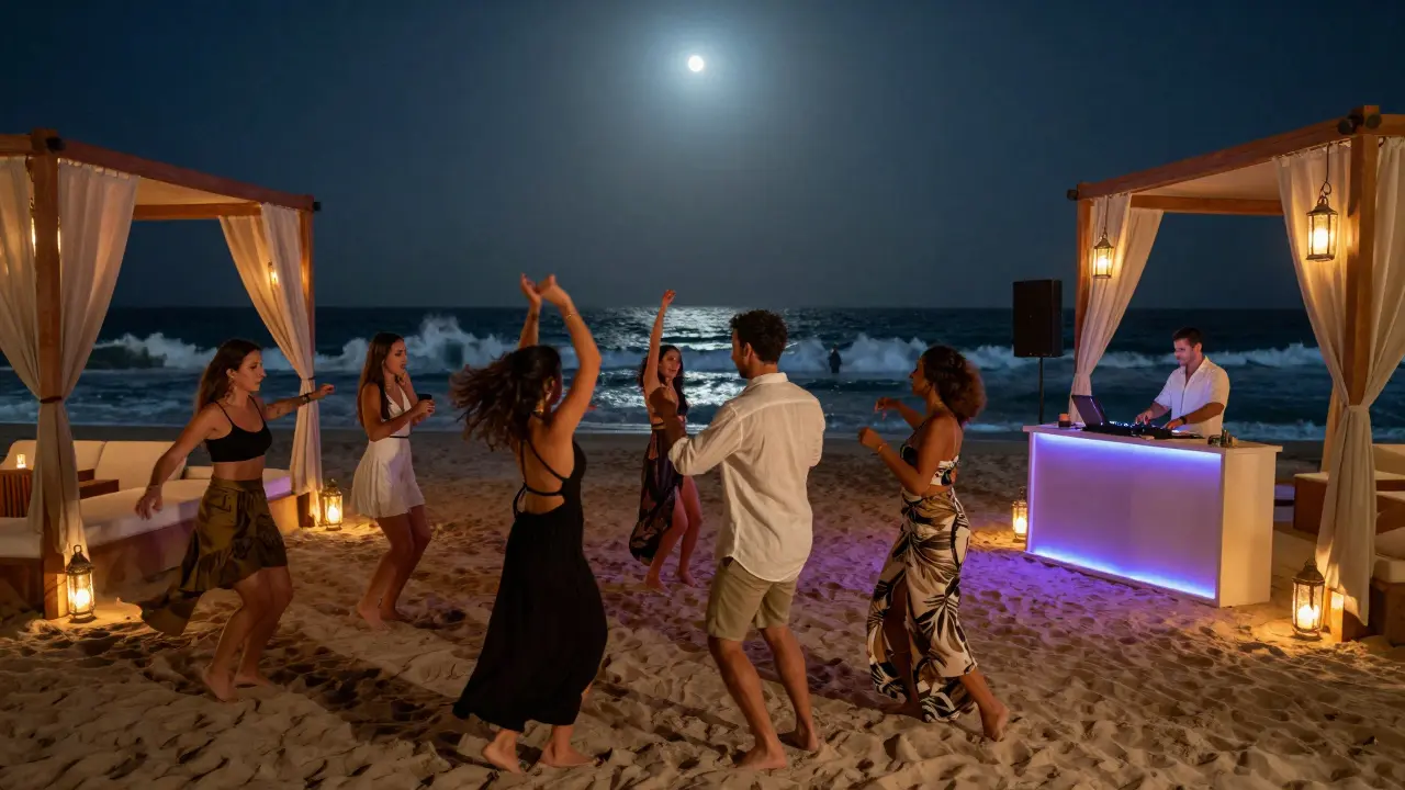 People dancing on a beach club sand floor under lanterns with waves and moonlight in the background.
